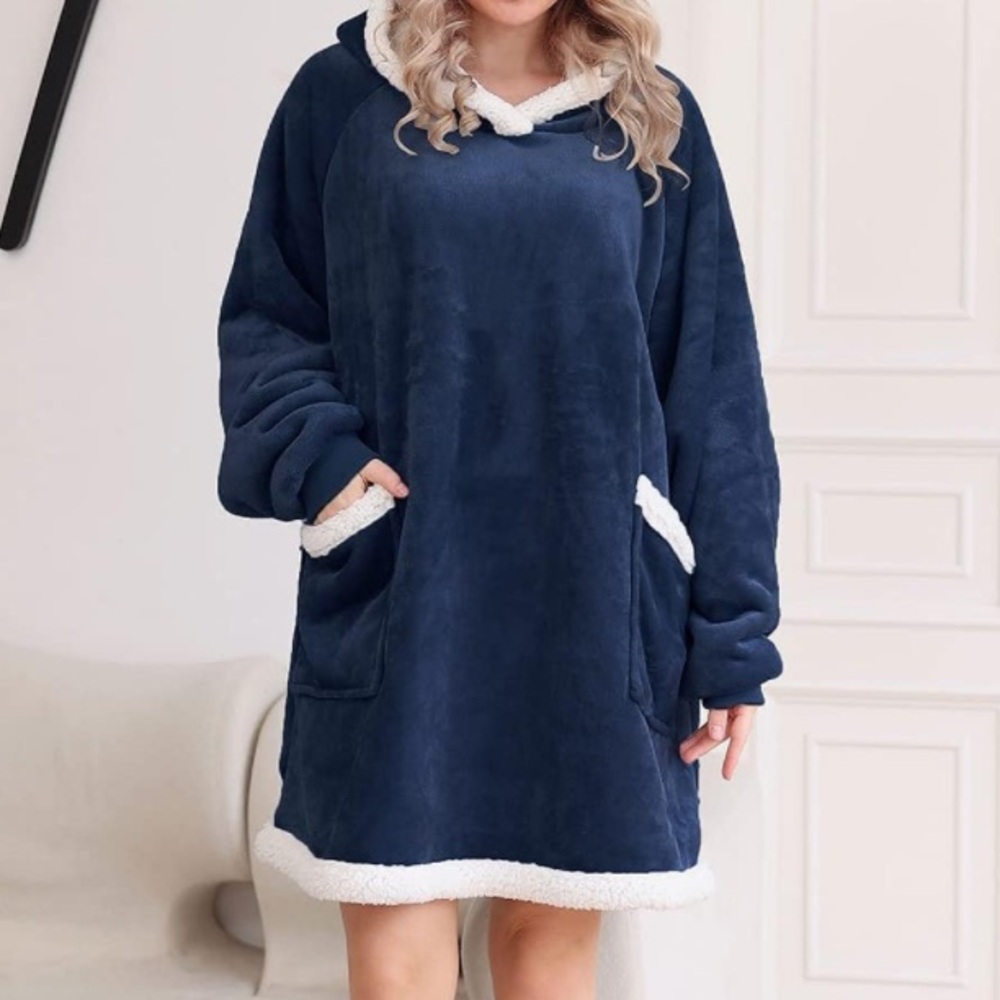 Wearable Fleece Hooded Blanket Navy Blue Standard Size